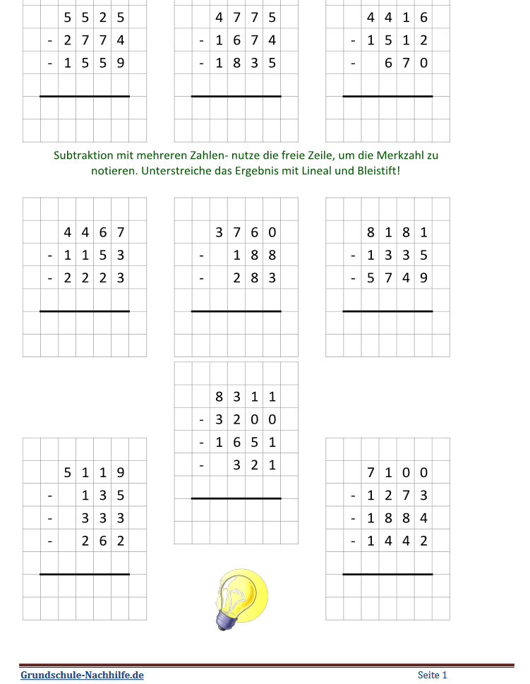 Arbeitsblatt Mathe Klasse 3,4 Schriftliche Subtraktion